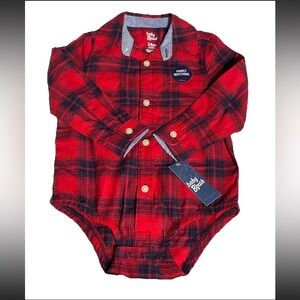 NWT Oshkosh B'Gosh Boys One Piece Body Suit Size 24M Flannel Plaid L/S Button